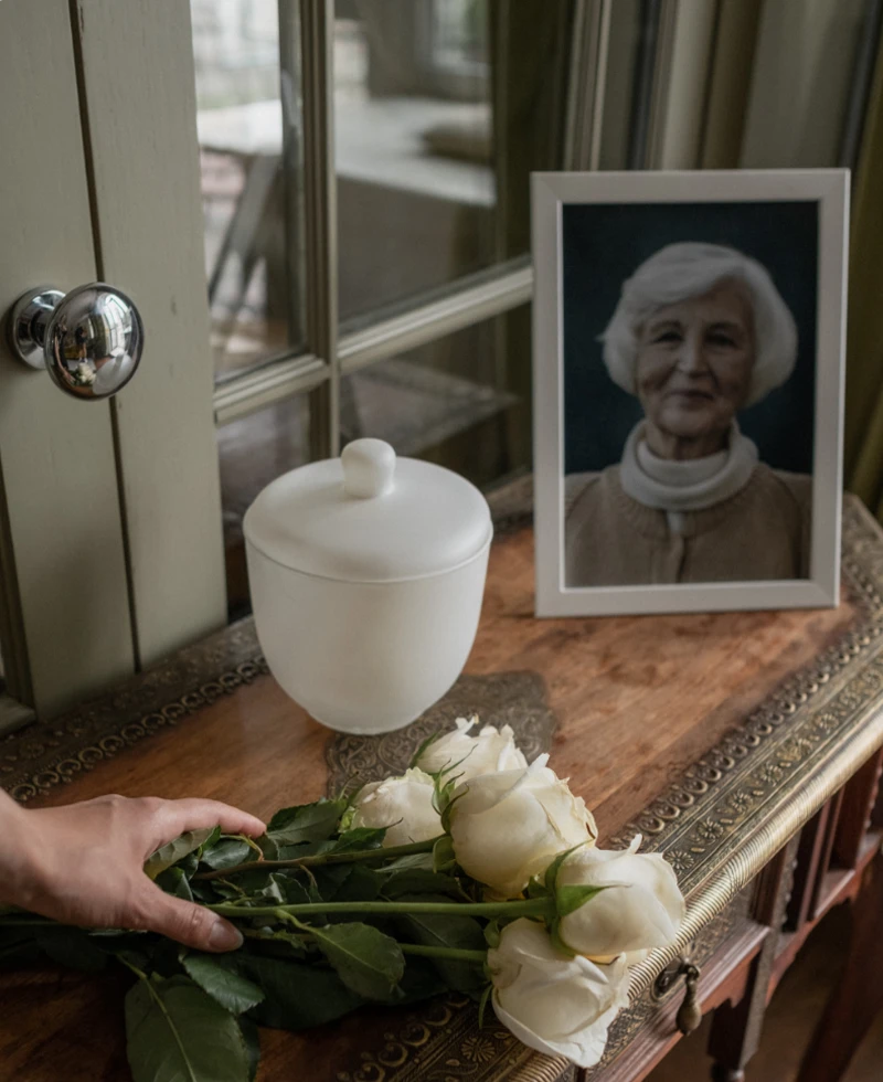 persona viendo la foto de su ser querido mientras sostiene un ramo de flores blancas